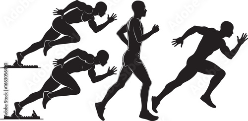 Athlete sprinting in different running phases from start to finish vector silhouette