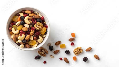 A healthy and delicious mix of assorted nuts and dried fruits spills from a white bowl onto a clean white background