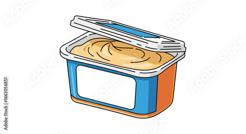 Creamy spreadable butter alternative in a plastic tub with open lid