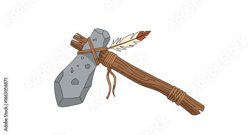 Primitive stone axe tool improvised with wood and rope decorated with feather