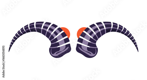 Dark curved fantasy horns with purple stripes and orange accents halloween costume accessory