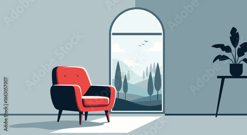 Cozy red armchair in a modern living room with a large arched window overlooking a picturesque landscape