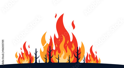 Forest fire spreading quickly through trees destroying nature ecosystem and wildlife habitat
