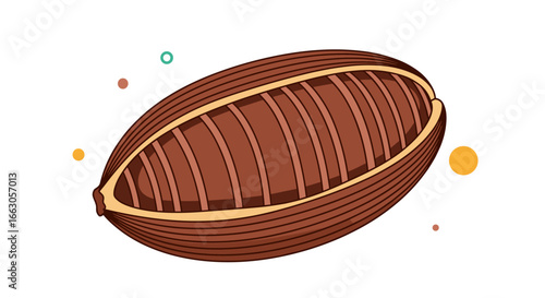 Whole cocoa bean interior view with ribbed texture and colorful dots decoration