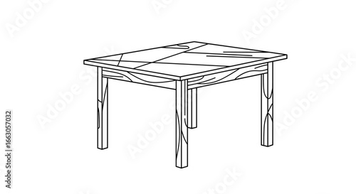 Hand drawn rustic wooden dining table with natural wood grain patterns top view isolated