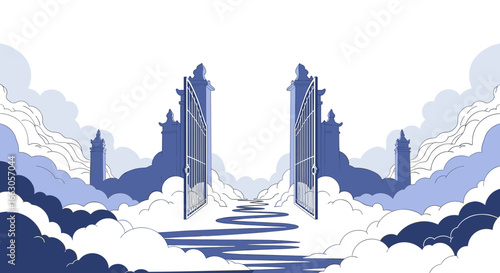 Heavenly gates opening to a bright future with clouds and light