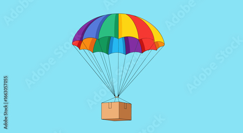 A colorful parachute delivers a package safely from the sky to the ground
