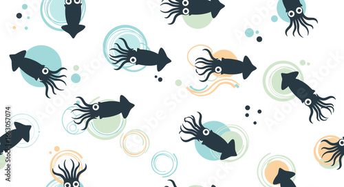 Playful squids floating amidst colorful circles and splashes on white background