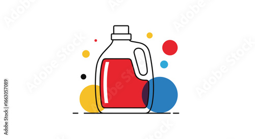 Concentrated liquid detergent bottle with bubbles and colorful circles for laundry cleaning