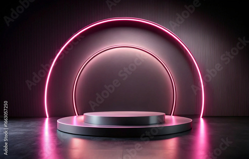 Abstract round podium illuminated with spotlight and neon