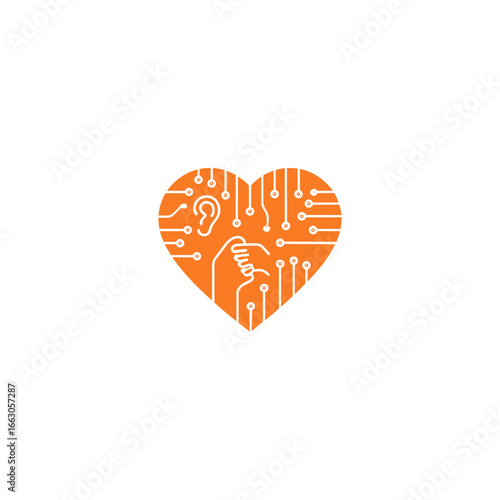 Innovative digital health concept for audiology care and hearing support. Heart-shaped circuit logo with ear and hand icons symbolizing modern assistive technology