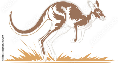Powerful Kangaroo Leaping Forward with Speed and Agility Illustration Featuring Stylized Brown and White Markings for a Dynamic and Energetic Image of Australian Wildlife