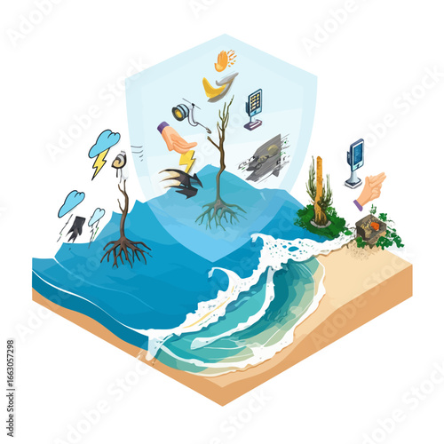 A conceptual illustration of a digital defense system, where a technological shield safeguards a sustainable future from environmental collapse and climate change