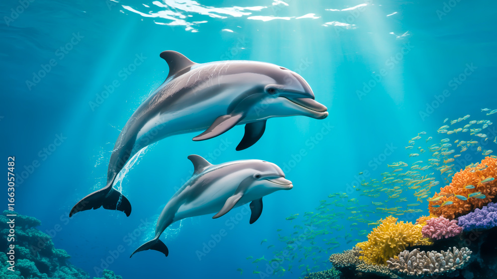 Fototapeta premium A stunning underwater photograph of two dolphins swimming in crystal-clear turquoise waters.