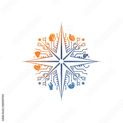 Vector illustration of a circuit board compass rose symbolizing assistive technology and digital inclusion for diverse abilities