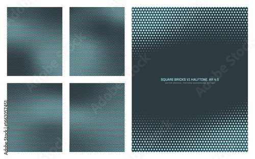 Assorted vector square bricks cyan halftone pattern set in vertical 4:5 aspect ratio including smooth blurred faded textures. Miscellaneous mod geometric half tone textured design elements collection