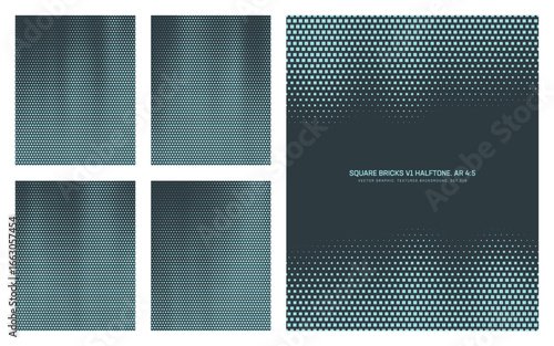 Assorted vector square bricks cyan halftone pattern set in vertical 4:5 aspect ratio including faded frame and various flowing textures. Miscellaneous mod geometric half tone textured design elements