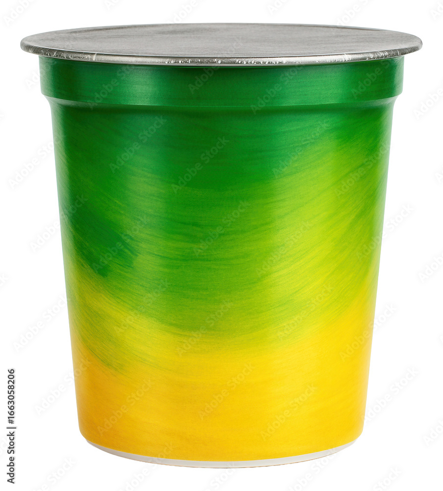 Obraz premium A matsoni container with a foil lid, featuring a vibrant green and yellow branding.