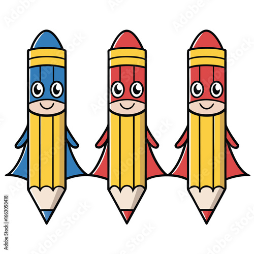 Three cheerful pencil superheroes in red and blue capes; cartoon illustration, playful style, bright colors, educational theme.