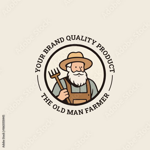 Old man farmer logo in vintage design, emblem of roots and tradition.