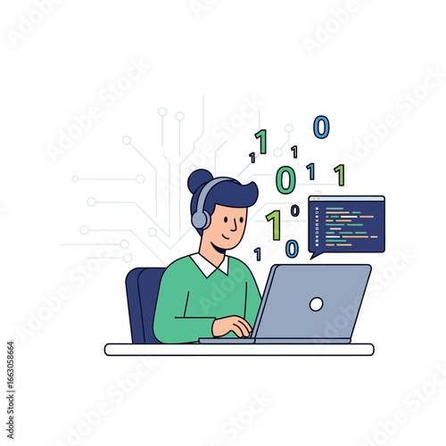 A focused female programmer with headphones writes code on a laptop, surrounded by binary digits and a programming window.