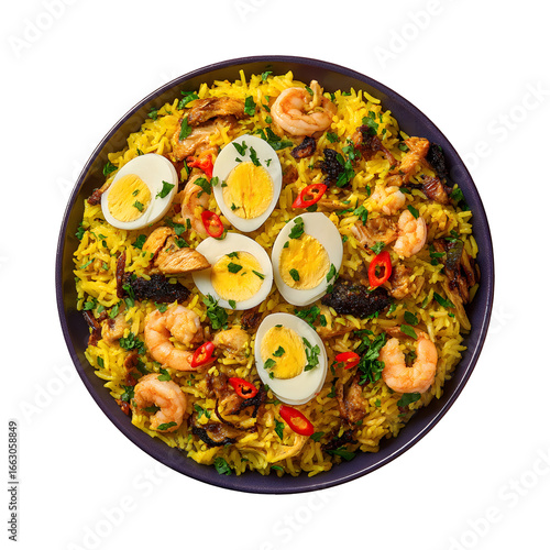 Delicious biryani dish featuring eggs and shrimp on a contrasting transparent backdrop