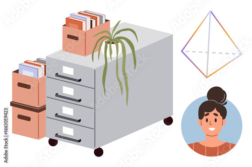 Filing cabinet with organizers, books, potted plant, geometric art, and person portrait. Ideal for organization, workplace, creativity, teamwork management interior design simple flat metaphor