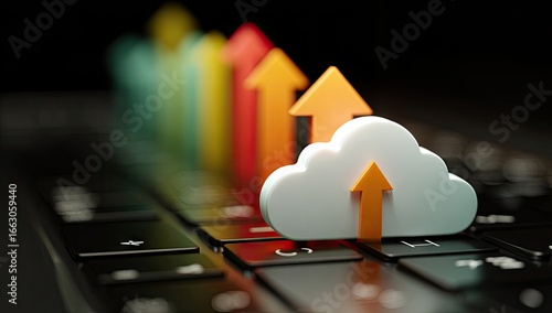 Colorful arrows ascend towards a cloud symbol on a laptop keyboard, symbolizing upward data transfer and cloud storage growth
