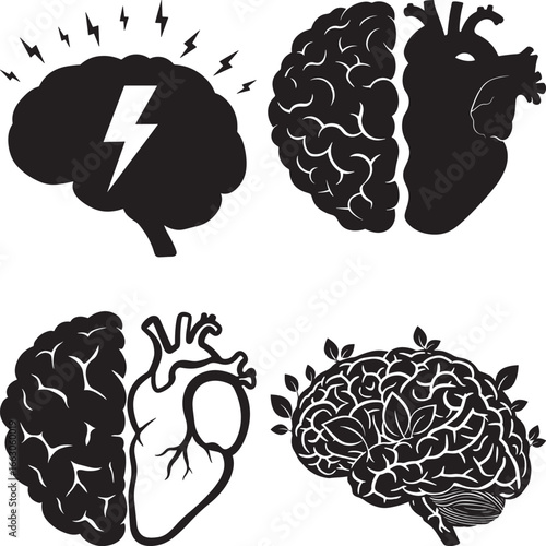 brain with lightning heart brain half brain heart leaves