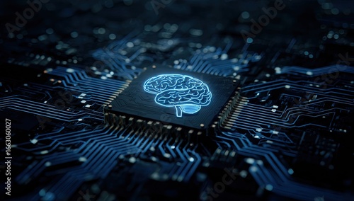 A glowing brain symbol embedded within a computer microchip, illustrating artificial intelligence