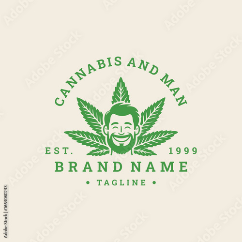 Cannabis man logo in vintage style, symbol of freedom and culture.