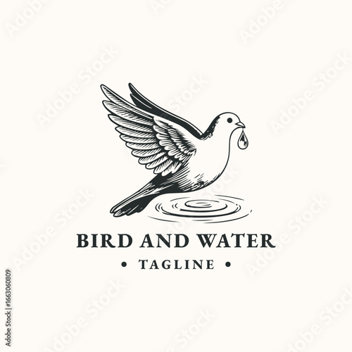 Bird water logo in vintage style, symbol of freedom and purity.