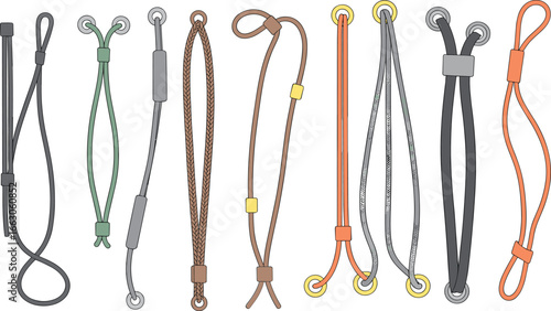 Elastic cords and rope loops with adjustable stoppers, fashion accessories, drawstring design, garment parts, cad drawing flat vector illustration