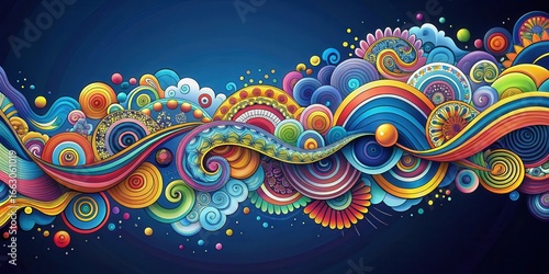 Swirling clouds of colorful shapes and patterns dance across a dark blue background