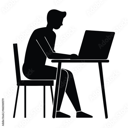 Man working on laptop while sitting at chair on white background