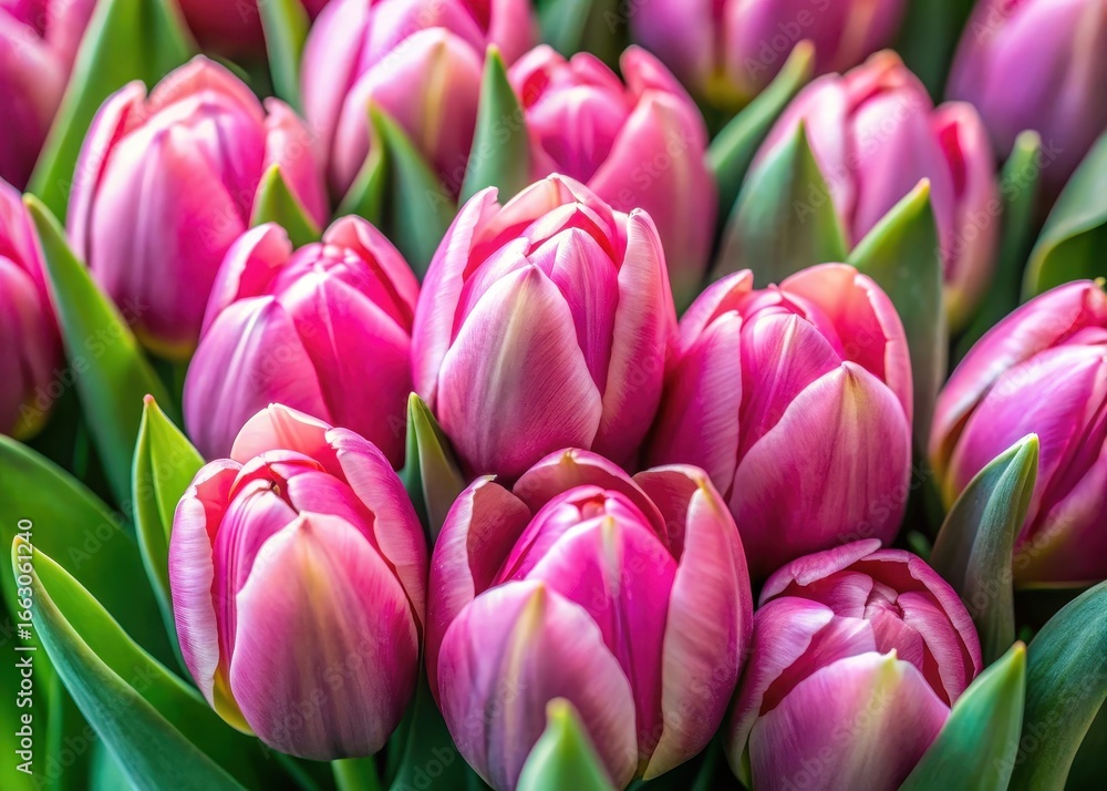 Fototapeta premium Close-up of fresh tulip bulbs with pink buds