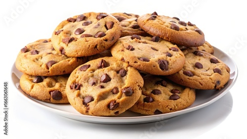 Freshly baked chocolate chip cookies on a plate isolated on white background