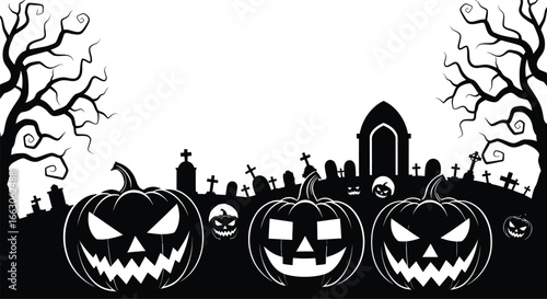 Spooky halloween night with carved pumpkins and a haunted graveyard scene