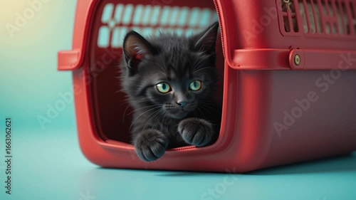 A curious black kitten peeks out of a bright red pet carrier on a turquoise background during a playful moment.