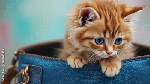 A playful ginger kitten with bright blue eyes peeks out from a stylish blue bag in a cozy home setting in daylight.