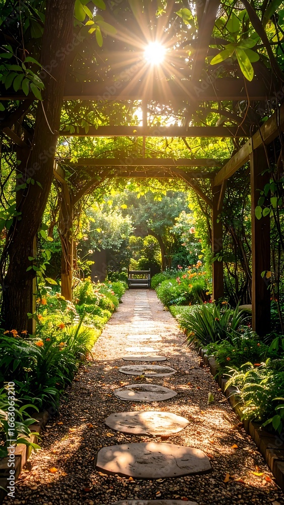 Obraz premium Sunlit garden path under a pergola