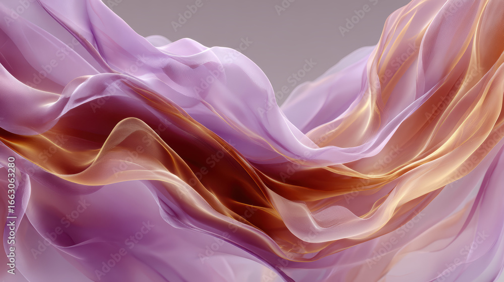 Obraz premium Elegant Abstract Background of Flowing Silk Fabric with Soft Waves in Lilac, Purple, and Gold Colors, Smooth Texture, and Delicate Light Reflections for Fashion, Beauty, and Design Projects