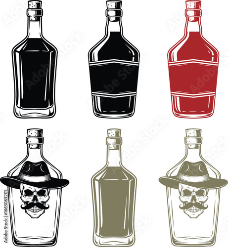 Collection of six vintage glass bottles with different liquids and designs
