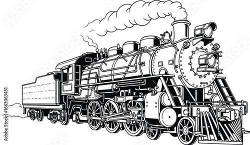 Detailed black and white sketch of a vintage steam locomotive with billowing smoke