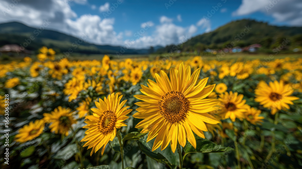 Obraz premium Vibrant Sunflower Field Under a Bright Blue Sky with Fluffy Clouds and Distant Mountains, Showcasing Golden Yellow Blooms in a Picturesque Landscape, Symbolizing Summer, Agriculture