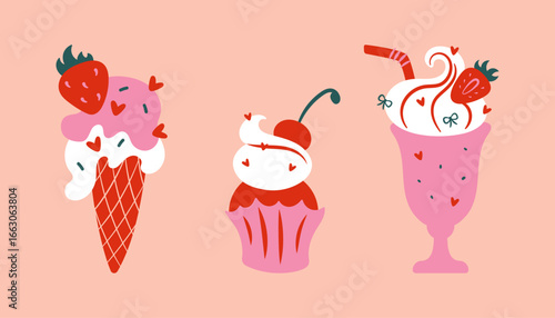 Ice cream and cupcake vector set. Vintage illustration in cute coquette style. Desserts with berries, hearts and bows topping. Modern design for girly party.