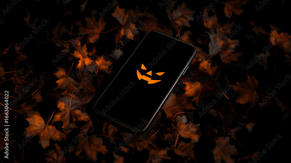 Obraz premium Jack O Lantern pumpkin eyes and mouth on black mobile screen display - Halloween Concept