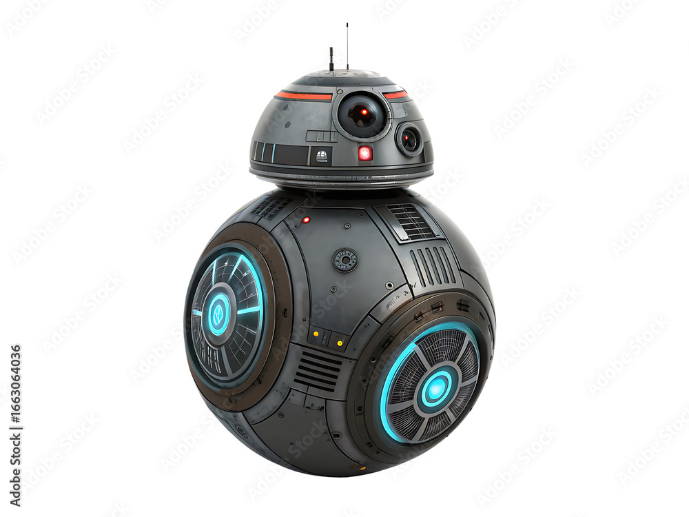 Naklejka premium Spherical Robot with Glowing Blue Vents and Red Eye Sensors droid Star Wars isolated on a transparent background