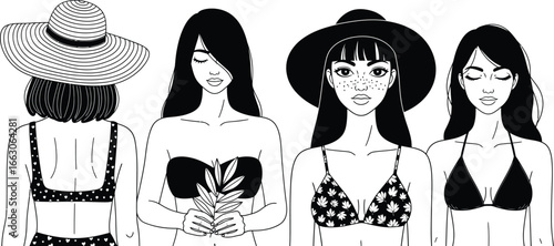 Four stylish women in swimwear and hats enjoying a summer day