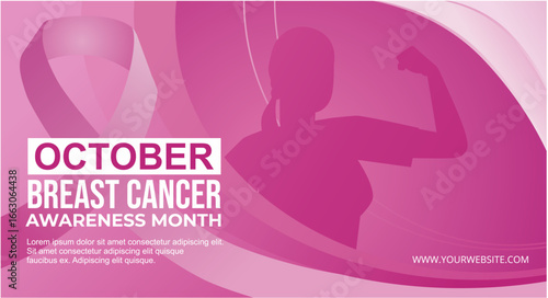October is Breast Cancer Awareness Month Vector Illustration Banner with Strong Woman Silhouette and Pink Gradient Background. 